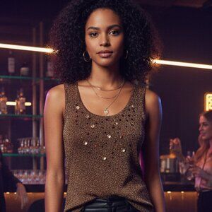 Women's Brown Metallic Beaded Tank Top Scoop Neck Dressy Casual Stretchy Glitzy